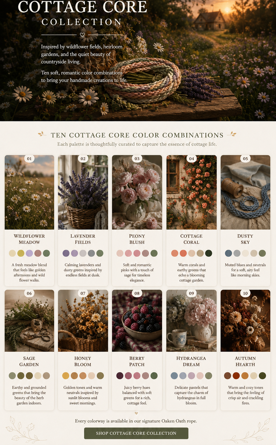 Cottage Core Collection landing page featuring ten soft romantic color combinations.