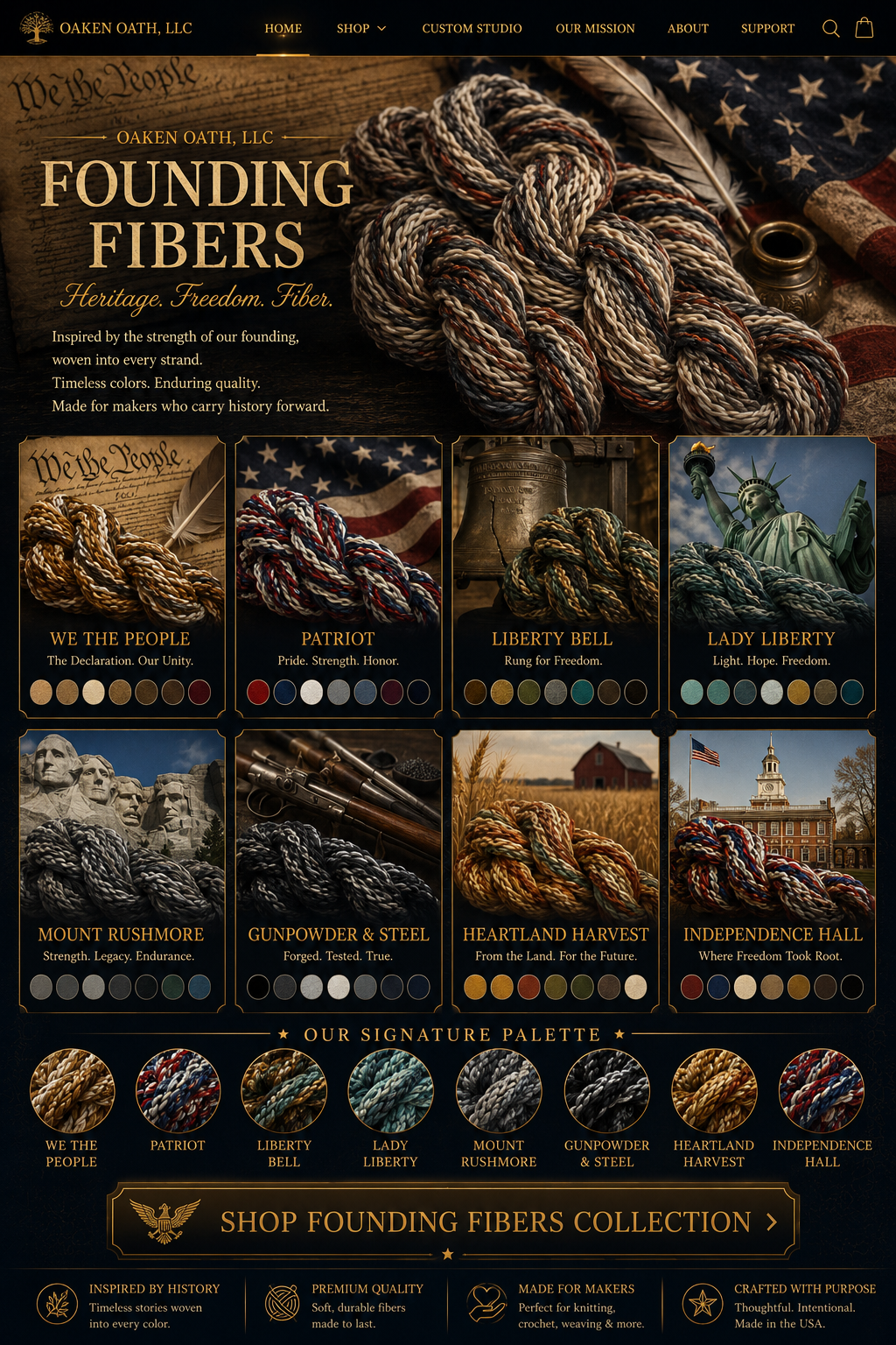 Founding Fibers landing page with We The People, Patriot, Liberty Bell, Lady Liberty, Mount Rushmore, Gunpowder and Steel, Heartland Harvest, and Independence Hall color stories.