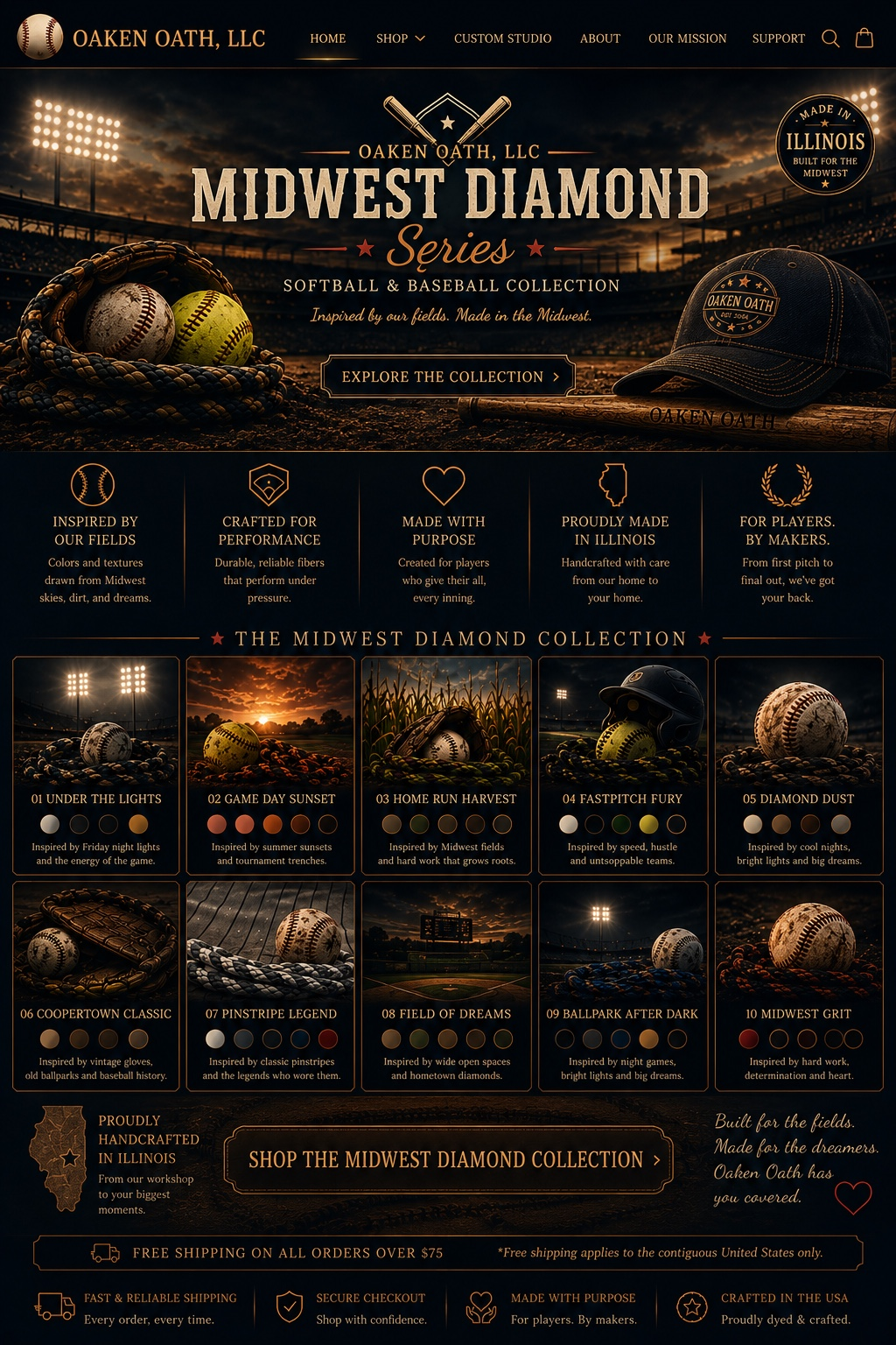 Midwest Diamond Series softball and baseball collection landing page with nostalgic ballpark colors, stadium lights, baseball and softball color stories, and collection buttons.