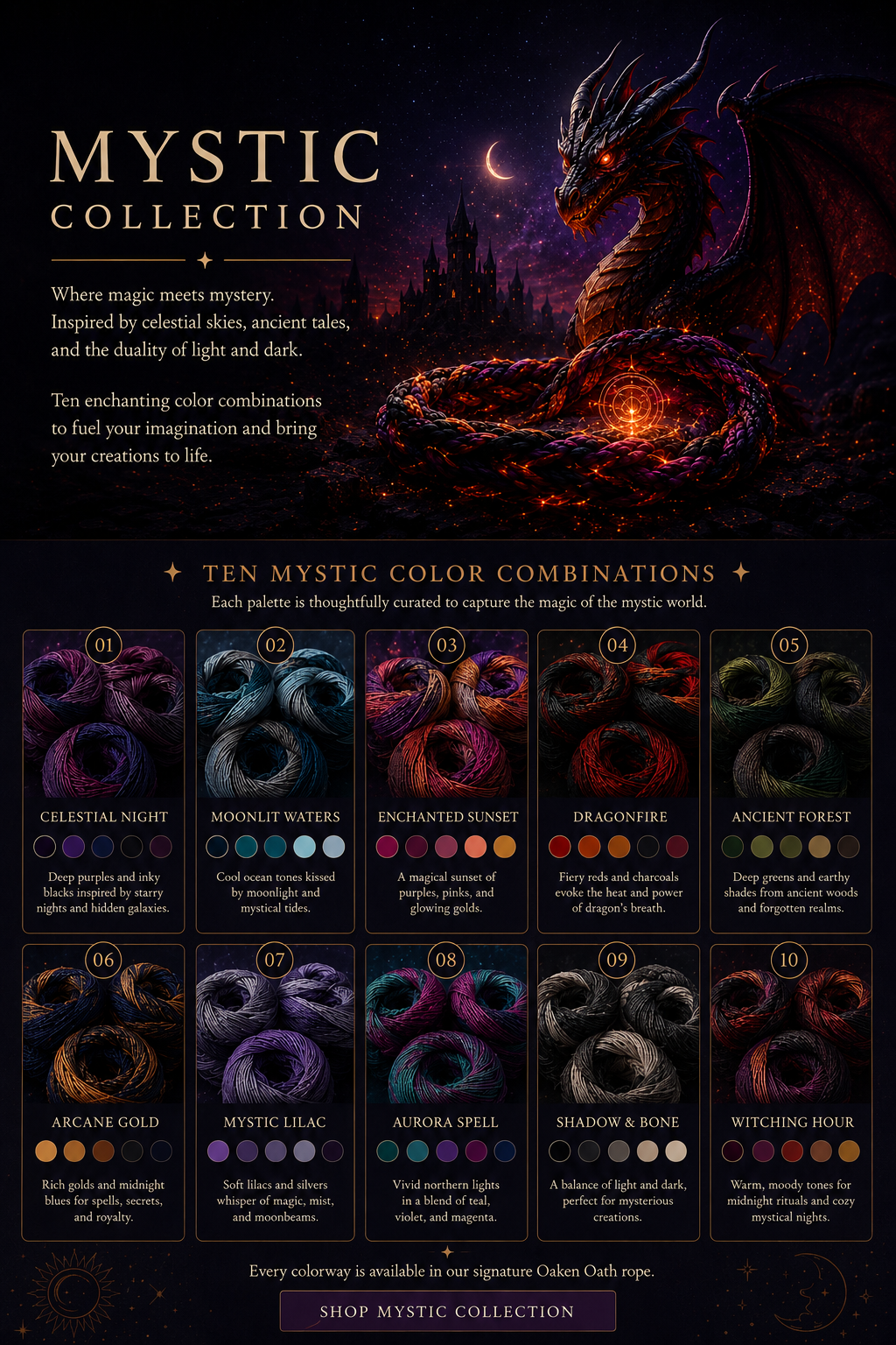 Mystic Collection landing page featuring ten enchanting color combinations.