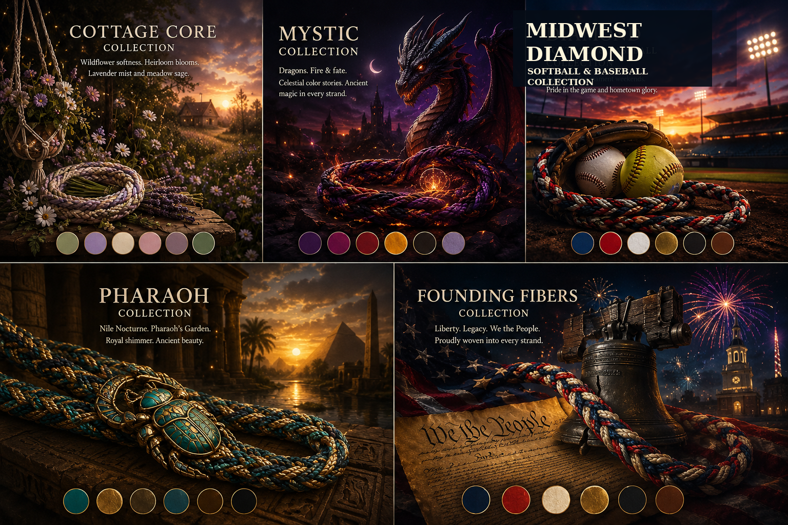 Oaken Oath collection shop with Cottage Core, Mystic, Diamond, Pharaoh, and Founding Fibers collections.