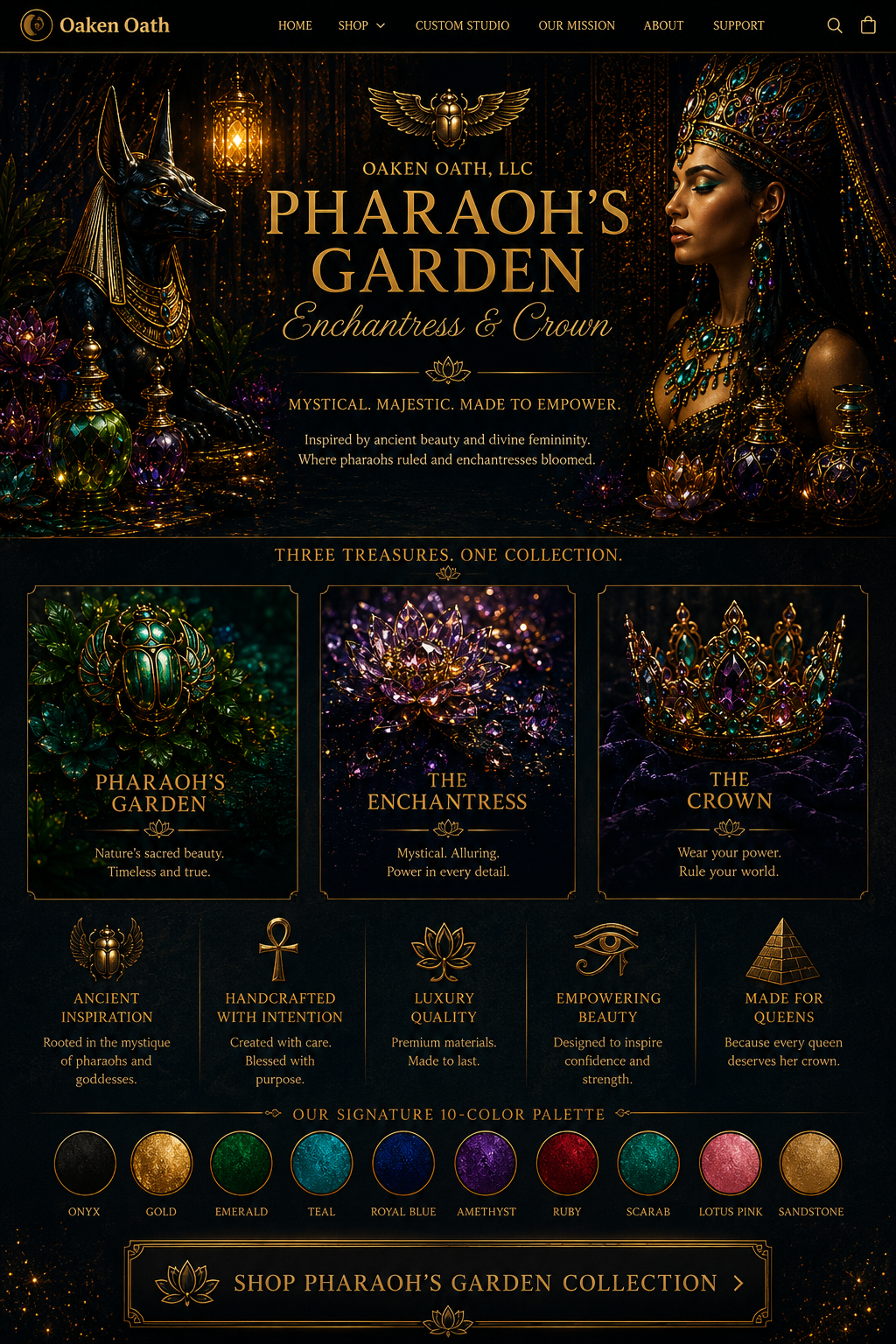 Pharaoh's Garden, Enchantress and Crown luxury collection landing page with scarab jewel tones, onyx, gold, emerald, amethyst, ruby, teal, lotus pink, and sandstone palette swatches.
